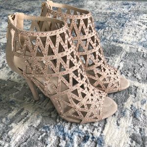 Tan suede caged bakers heels w/ rhinestone detail